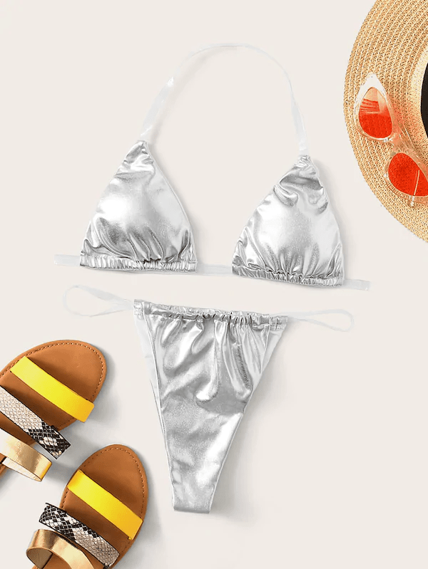 Metallic Halter Top With Thong Bikini Set