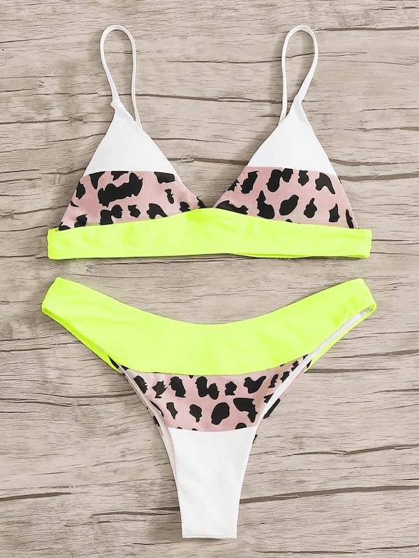 Leopard Colorblock Triangle Top With High Cut Bikini